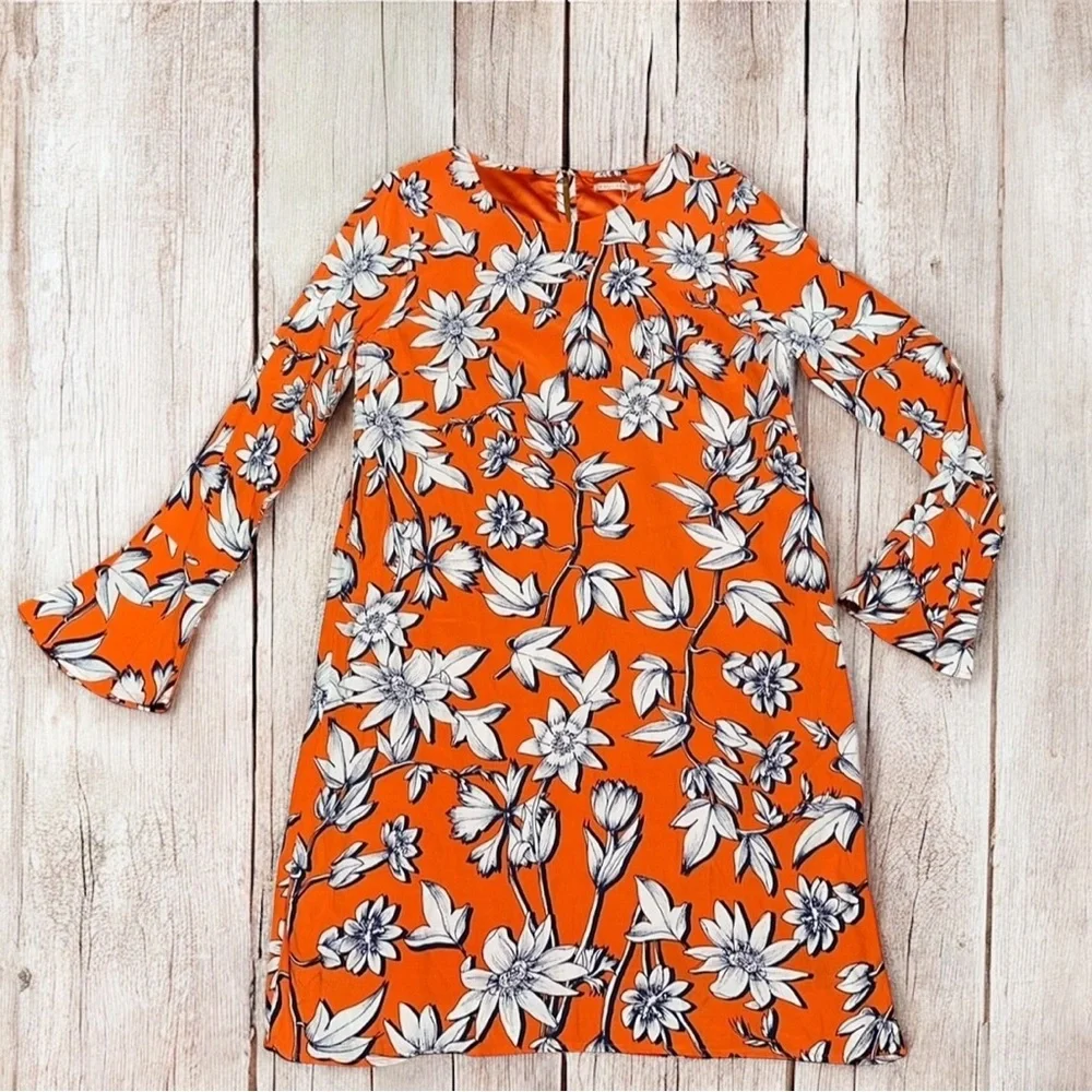ESQUALO Women’s Long Sleeve Orange Botanical Shift Dress ~ Size 8 ~ NWT - Picture 2 of 9